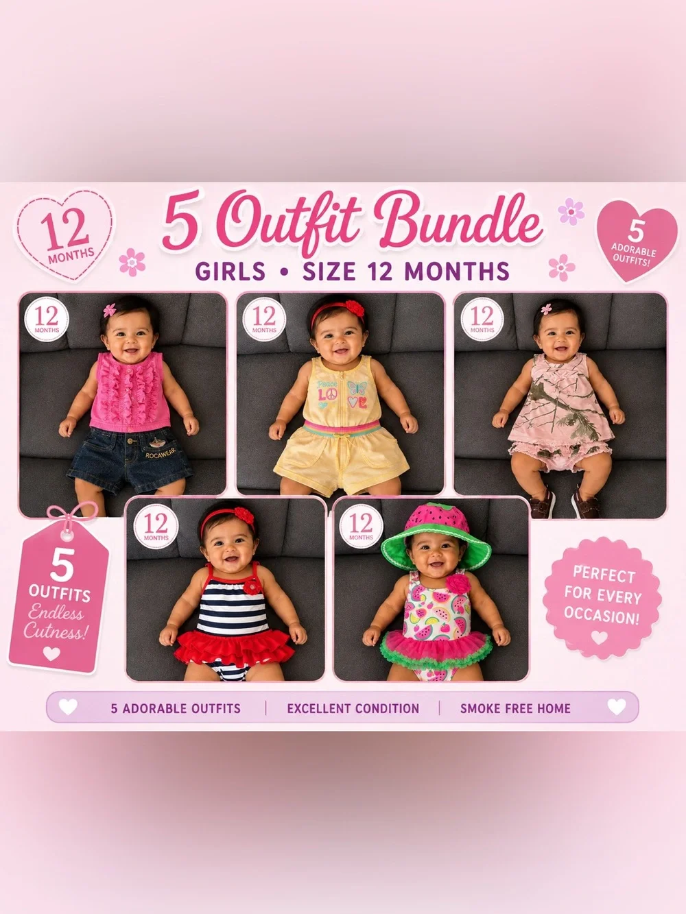 Girls 5-Outfit Bundle Size 12 Months - Pink, Red, Yellow, Green